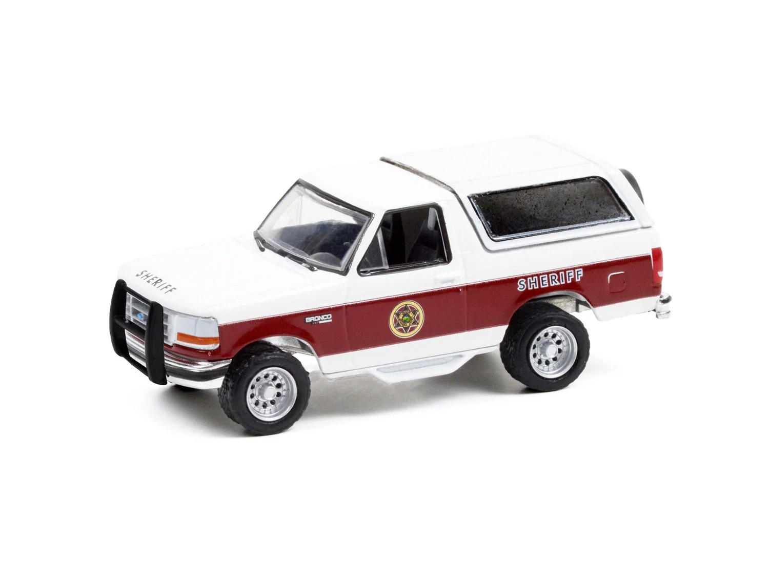 Greenlight - 1984 Ford Bronco XLT White & Burgundy "Absaroka County Sheriff's Dept." Hobby Exclusive - Scala 1/64 - Image 2