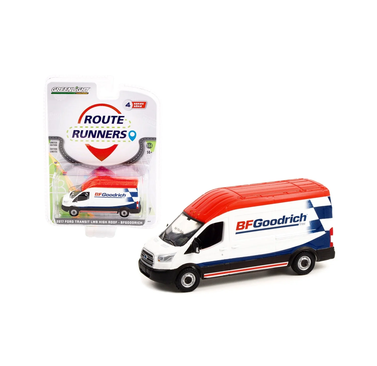 Greenlight Collectibles - 2017 Ford Transit LWB High Roof Van "BFGoodrich" - Route Runners - Scala 1/64