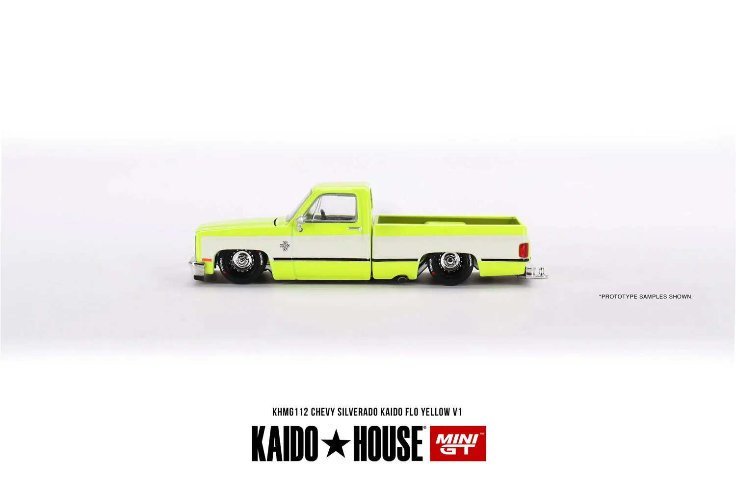 Mini GT - Chevrolet Silverado KAIDO Flo Yellow V1 - KAIDO HOUSE - Scala 1/64 KHMG112 - Image 3