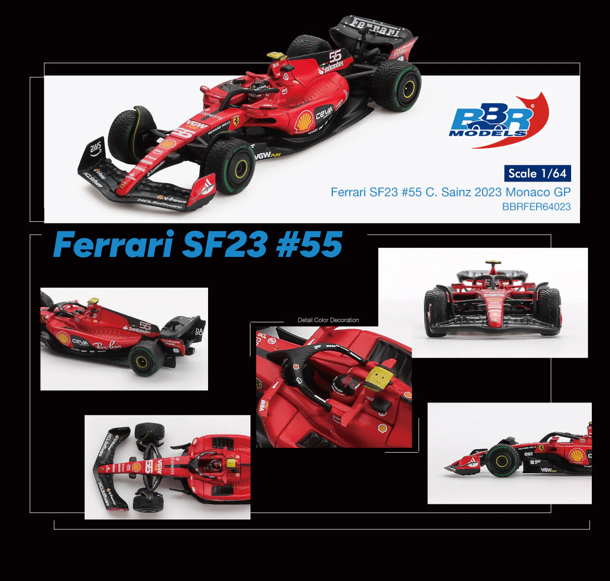 BBR Models - Ferrari SF23 #55 Carlos Sainz Monaco GP 2023 - Scala 1/64 BBRFER64023 - Image 4