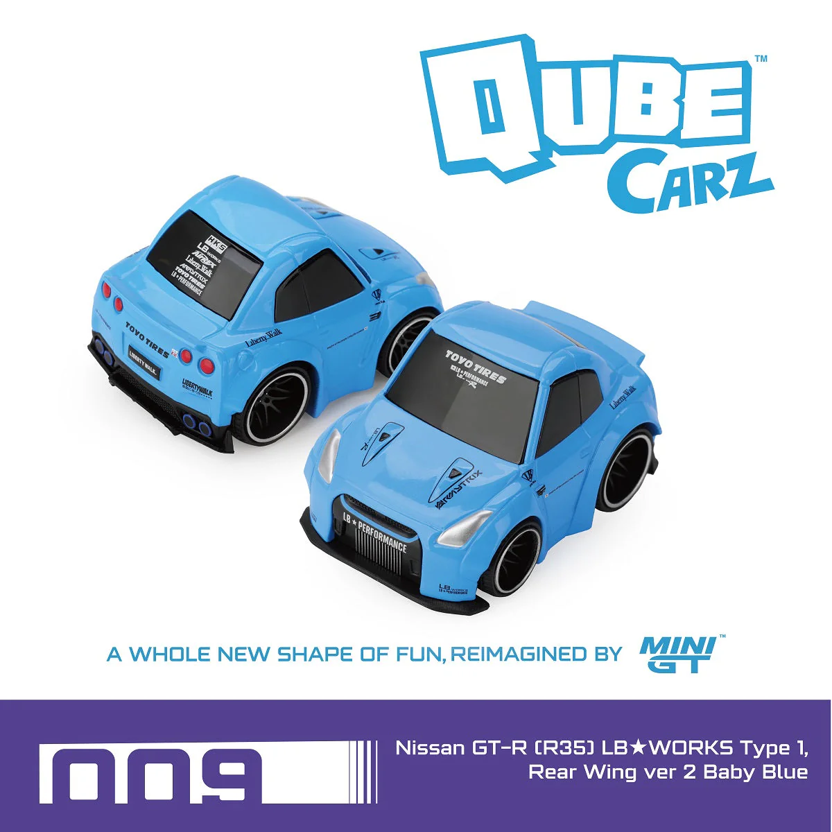 [PRE-ORDER] - Mini Gt QUBE Carz Series - Nissan GT-R (R35) LB★WORKS Type 1 Rear Wing ver 2 Baby Blue - QZ00302-BL