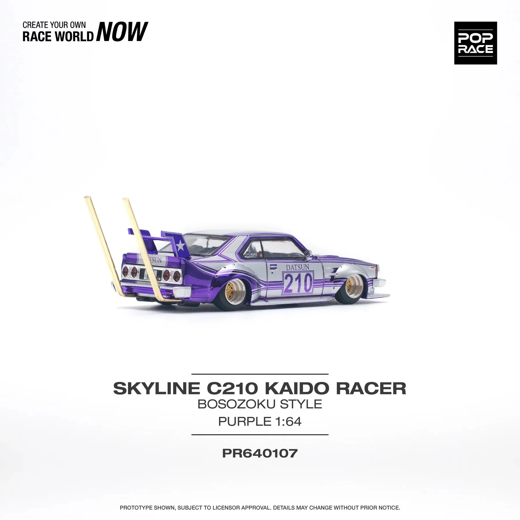 Pop Race - Skyline C210 Kaido Racer Bosozoku Style Purple Scala 1/64 PR64-0107 - Image 4