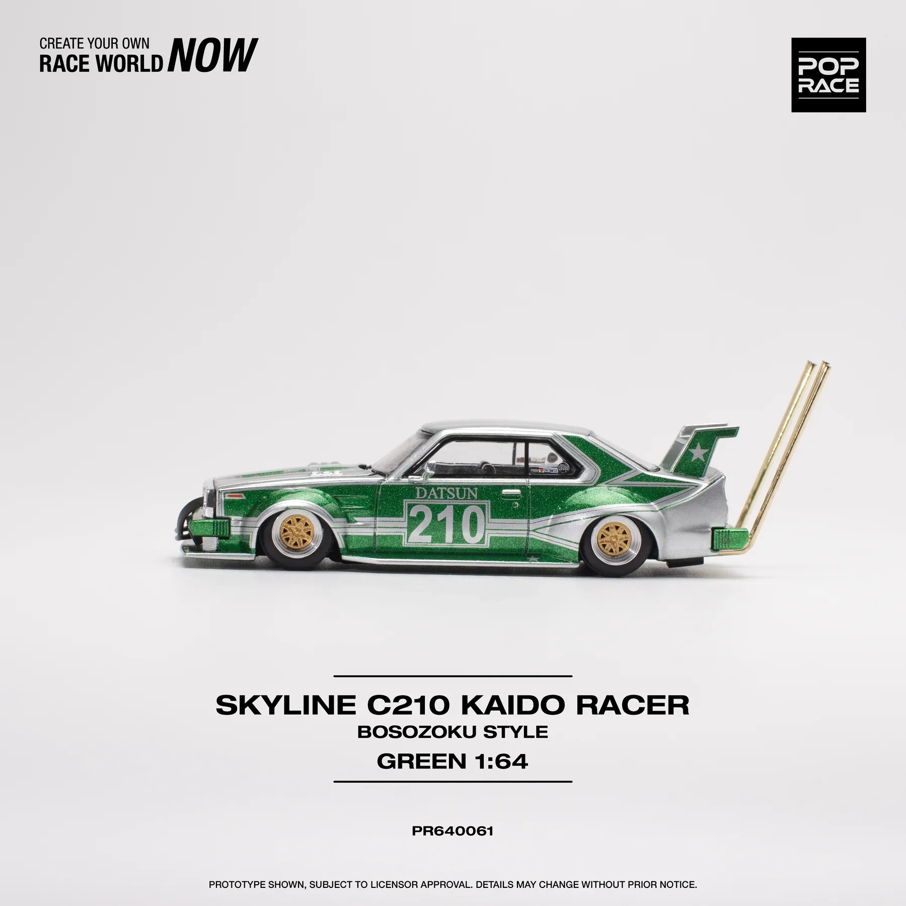 Pop Race - Skyline C210 Kaido Racer Bosozoku Style Green / Silver - Scala 1/64 PR64-61 - Image 4