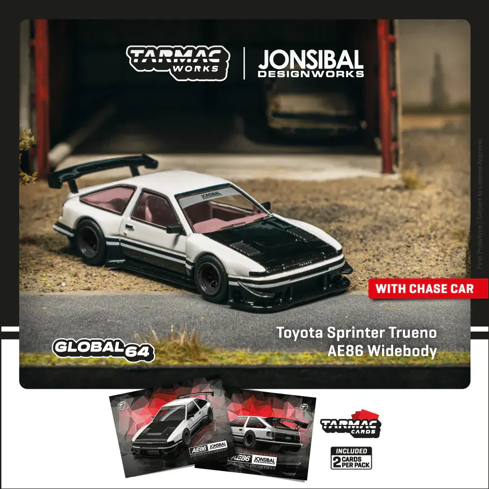 Tarmac Works - Toyota Sprinter Trueno AE86 Widebody by Jon Sibal White / Black "Global64" Series - Scala 1/64 T64G-060-WB